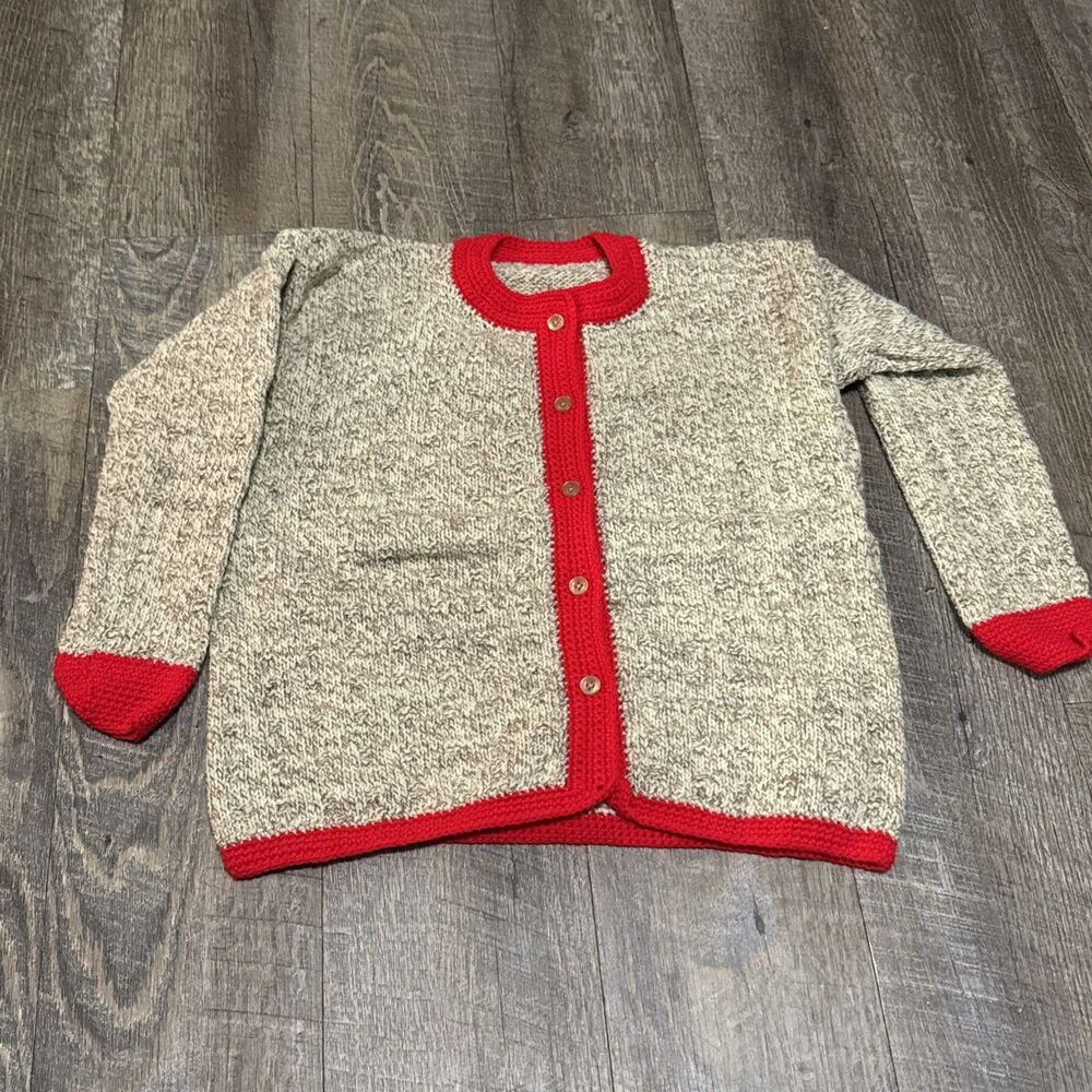 Handknit Marled Oatmeal Cardigan Red Trim Contrast Button Front Sweater S/M